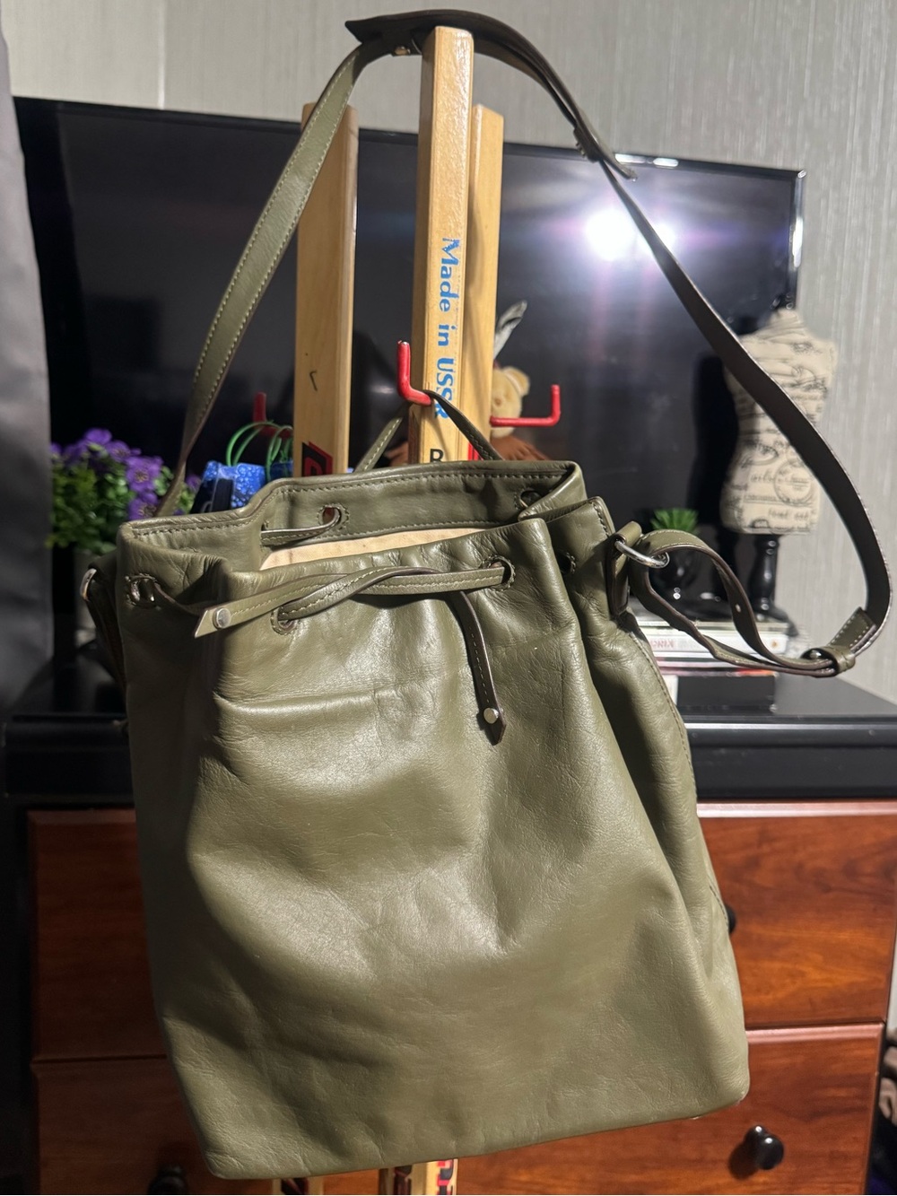 Banana Republic Olive Green Leather Drawstring Shoulder Bag